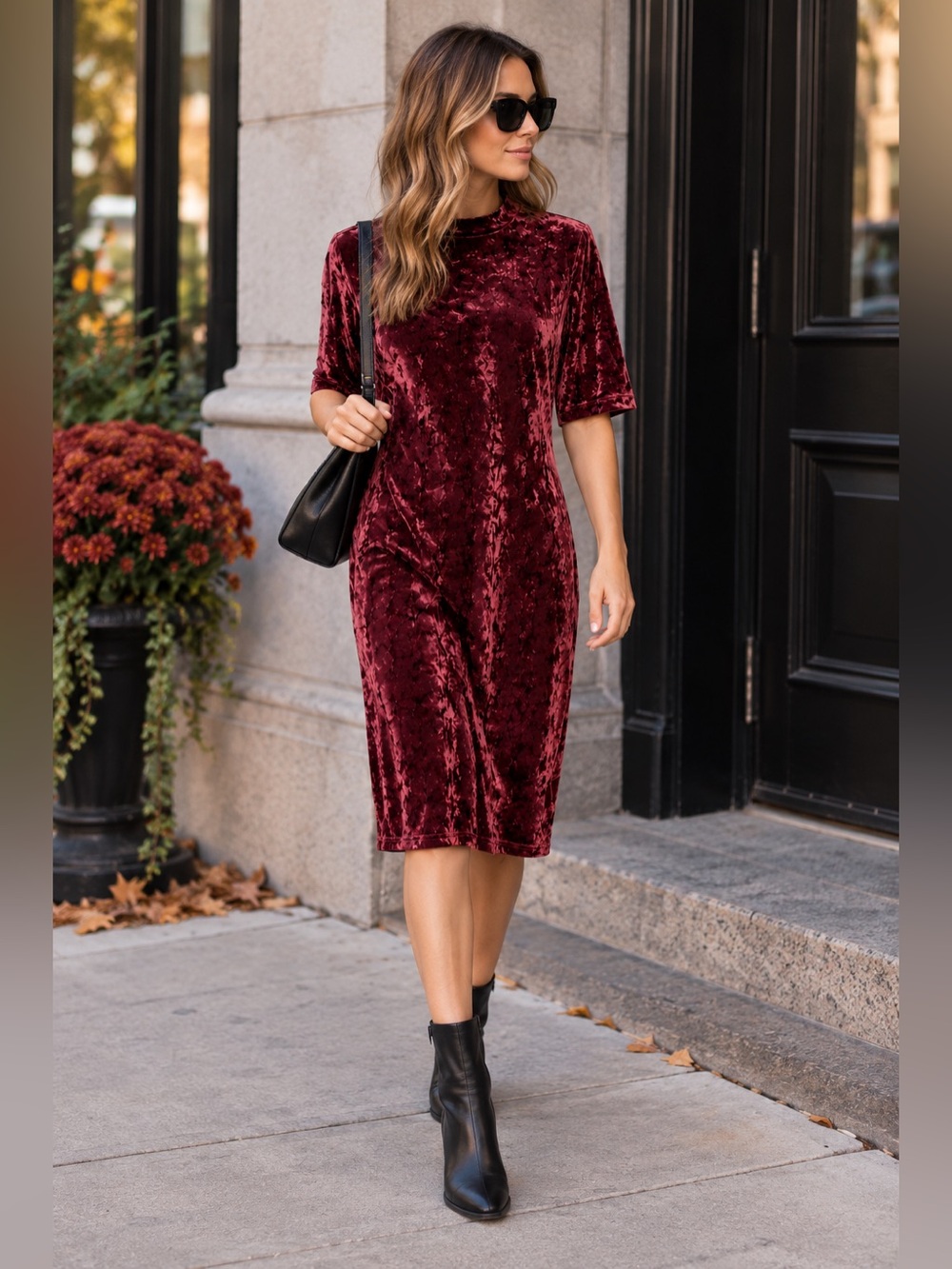 b.young Burgundy Crushed Velvet Midi Dress S 90s Y2K Holiday Party - Picture 2 of 8